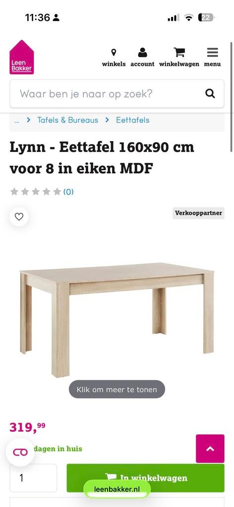 Leen Bakker Lynn Eettafel 160x90 cm - Eiken MDF, Ophalen, 50 tot 100 cm, Zo goed als nieuw, Vijf personen of meer