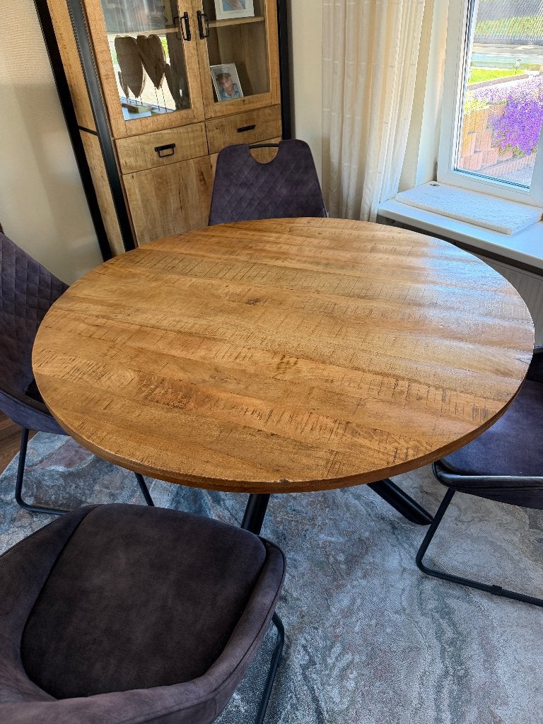 Ronde mango houten eettafel, Huis en Inrichting, Tafels | Eettafels, Ophalen, Gebruikt, Rond, Vijf personen of meer