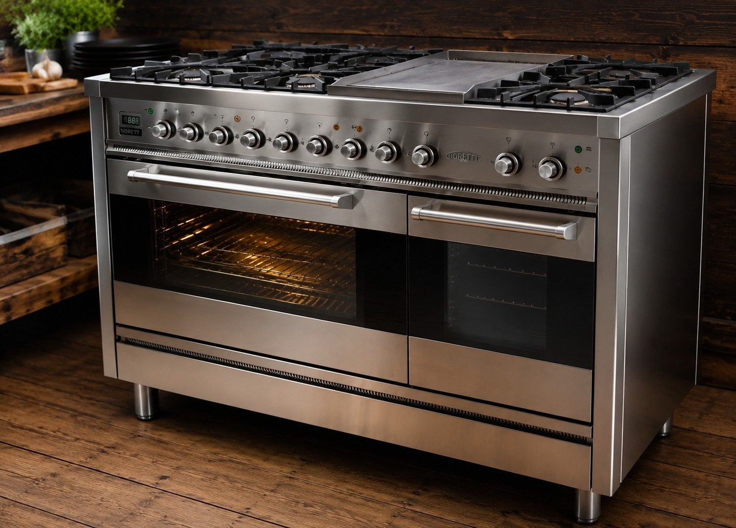 Pro Boretti 7-pits RVS-fornuis 120 cm met frytop, Ophalen, Warmhoudplaat, 60 cm of meer, Gas