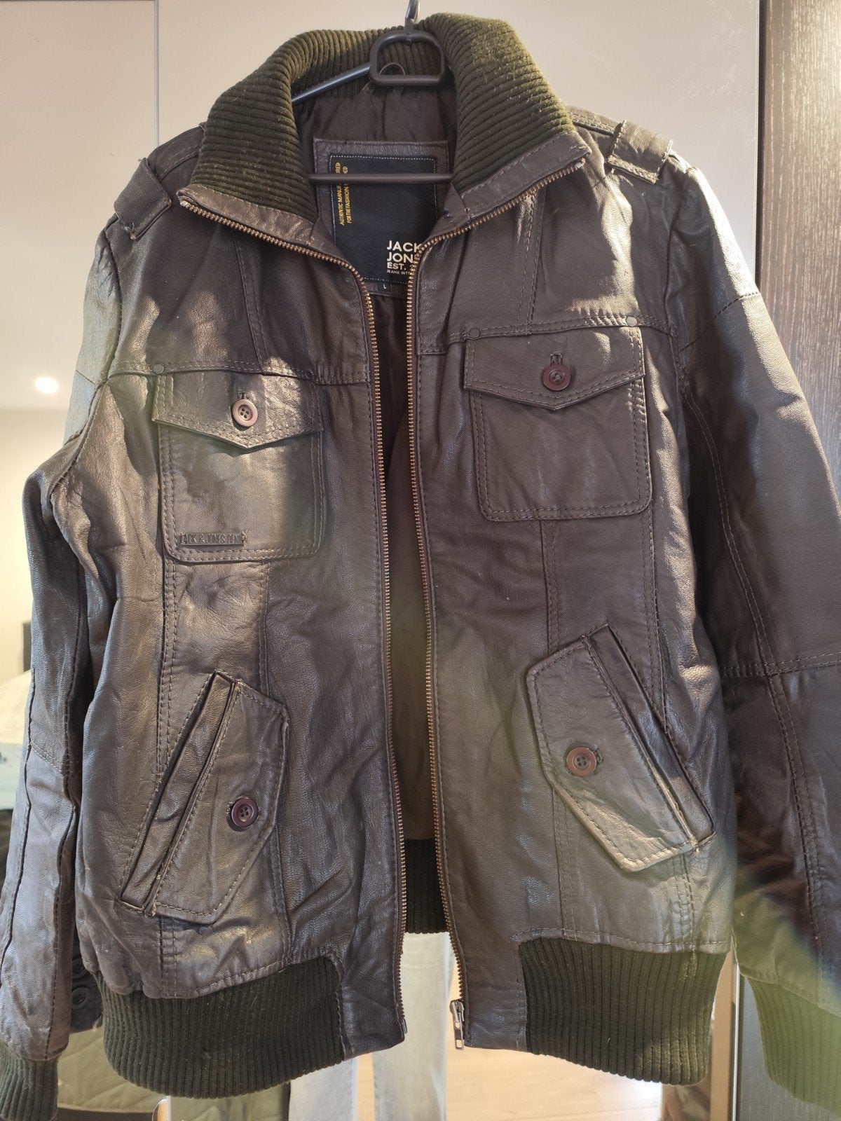 Jack & Jones Leren Jas Maat L - Bruin/Groen, Kleding | Heren, Maat 52/54 (L), Bruin, Ophalen of Verzenden, Gedragen
