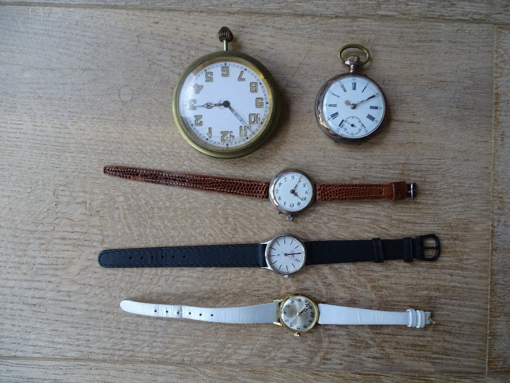 Verzameling van 5 horloges, Overige merken, Zakhorloge, Ophalen of Verzenden, Leer