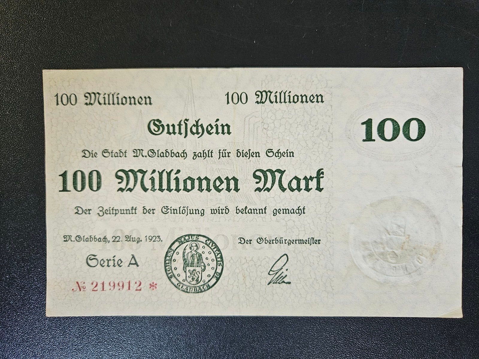 Duitsland Muenchen-Gladbach Rheinland 1923, Postzegels en Munten, Bankbiljetten | Europa | Niet-Eurobiljetten, Ophalen of Verzenden