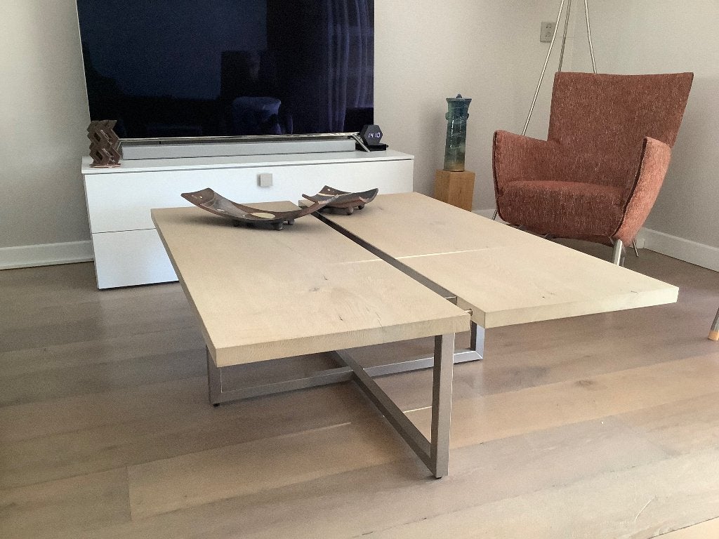salontafel GHYCZY- prototype, eiken geborsteld RVS onderstel, Huis en Inrichting, Ophalen, Gebruikt, 100 tot 150 cm, 50 tot 100 cm