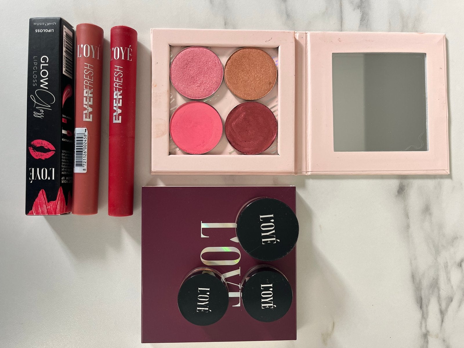 L'oye Make-up Set: Oogschaduw, Poeder, Highlighter & Lip Pro, Overige kleuren, Gehele gezicht, Ophalen of Verzenden, Zo goed als nieuw