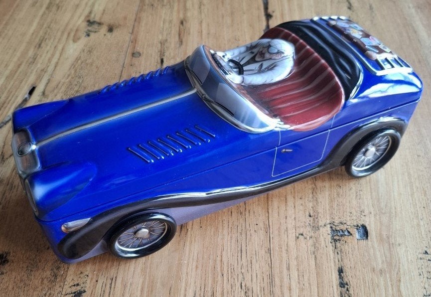 Klassieke blauwe vintage roadster, sportwagen koekjes blik, Verzamelen, Ophalen of Verzenden, Gebruikt, Koek(jes), Overige merken