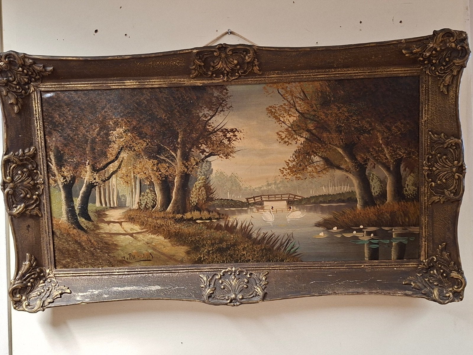 Schilderij met herfstlandschap en zwanen, Ophalen of Verzenden