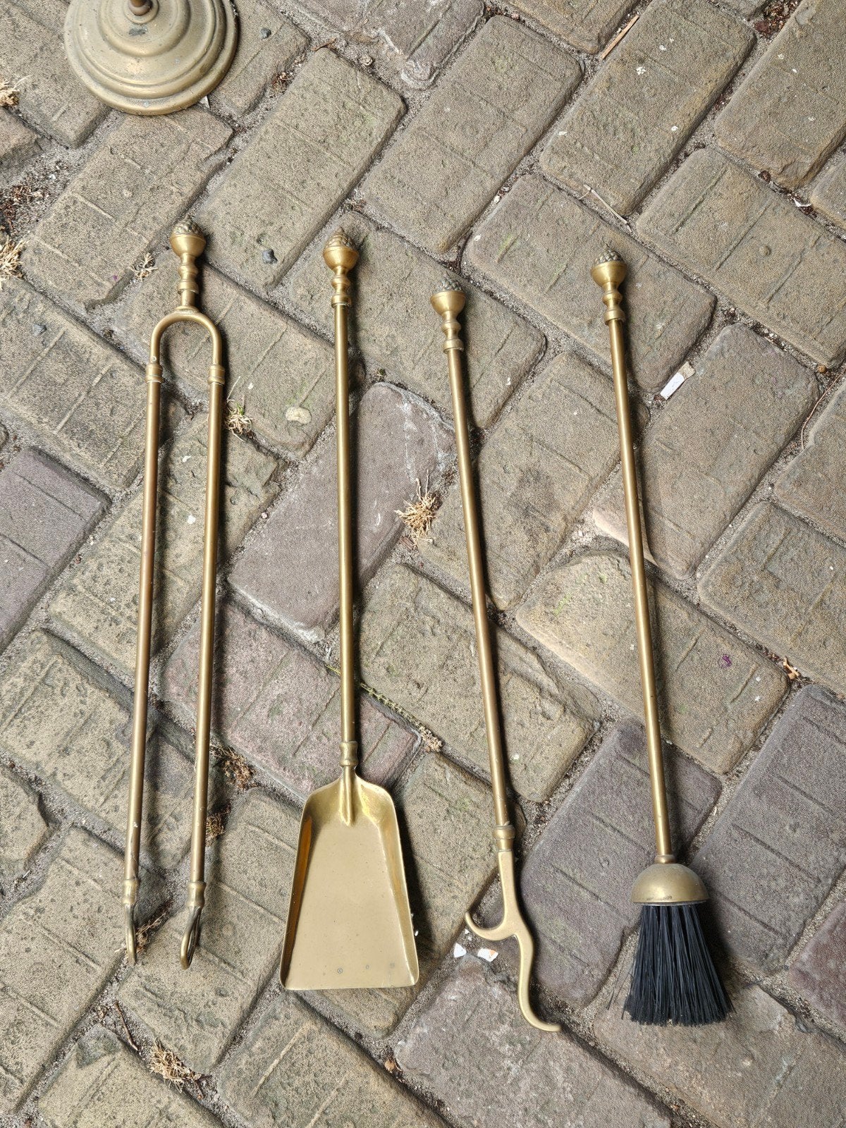 Antiek messing haardstel met 5-delige set, Huis en Inrichting, Ophalen of Verzenden, Gebruikt, Vrijstaande haard, Overige soorten