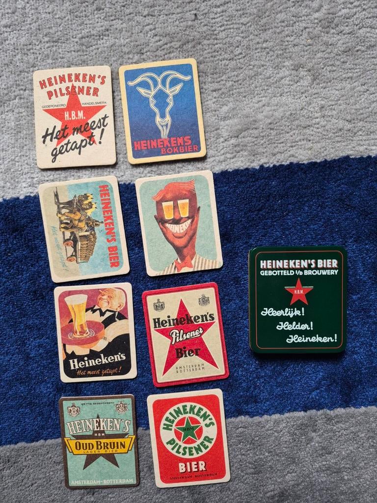 Metalen bak met 8 vintage Heineken bierviltjes, Ophalen of Verzenden, Gebruikt, Viltje(s), Heineken