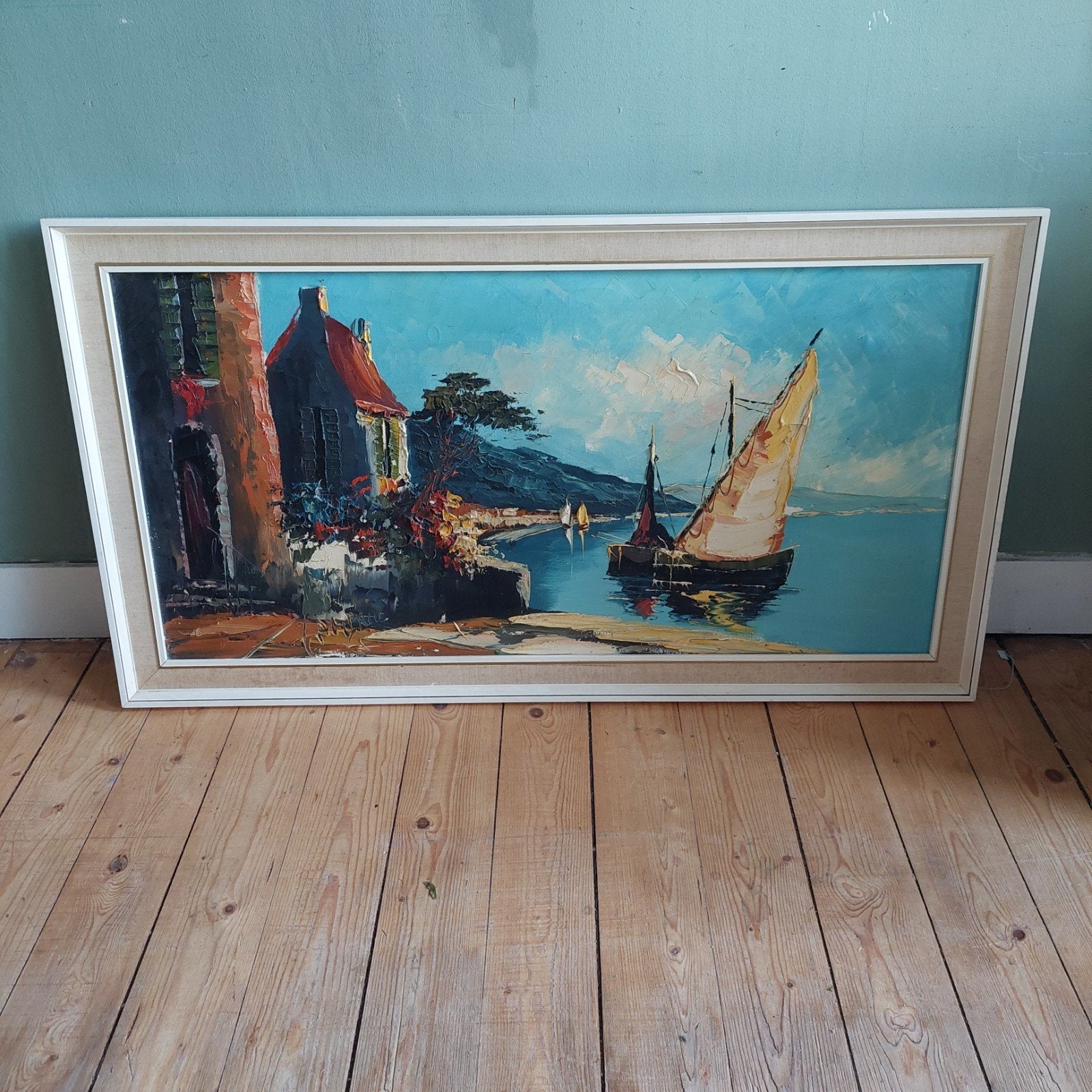 Lucky Vintage groot midcentury schilderij handgeschilderd, Ophalen, Maritiem / water, Overige ondergronden, Impressionistisch