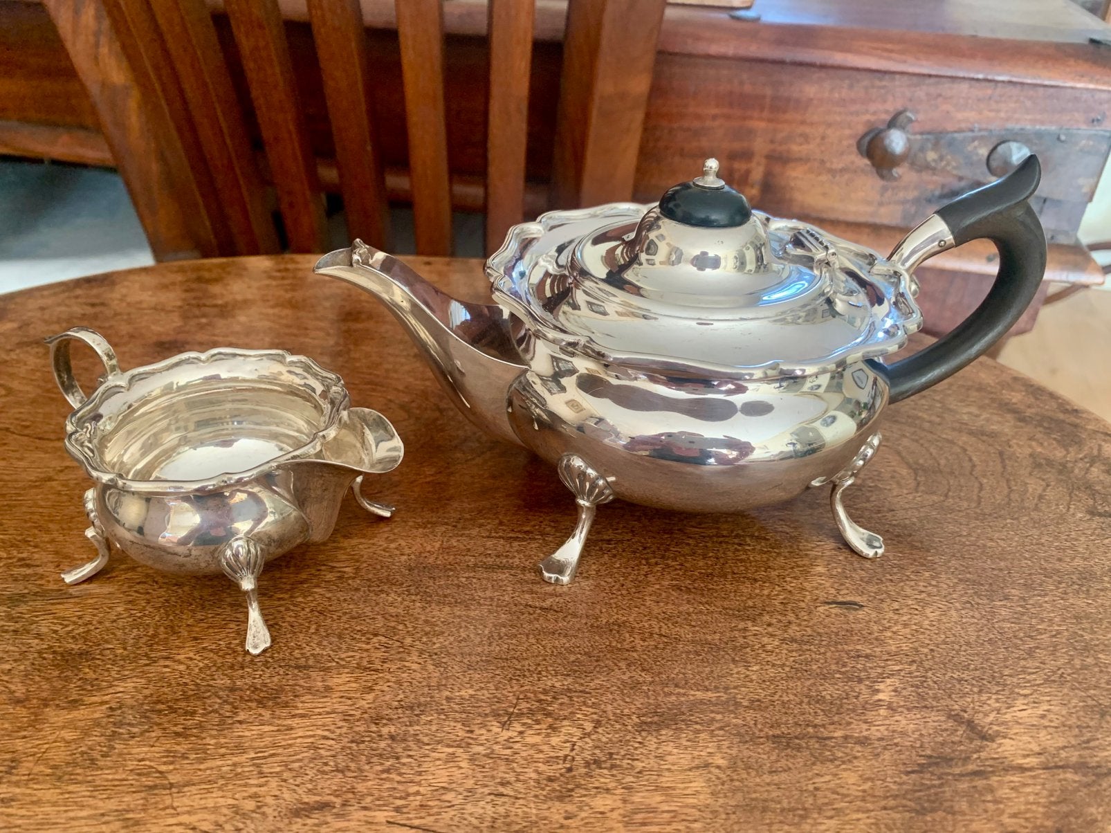 Engels zilveren theeset, klein model theepot en roomkan., Antiek en Kunst, Ophalen of Verzenden, Zilver