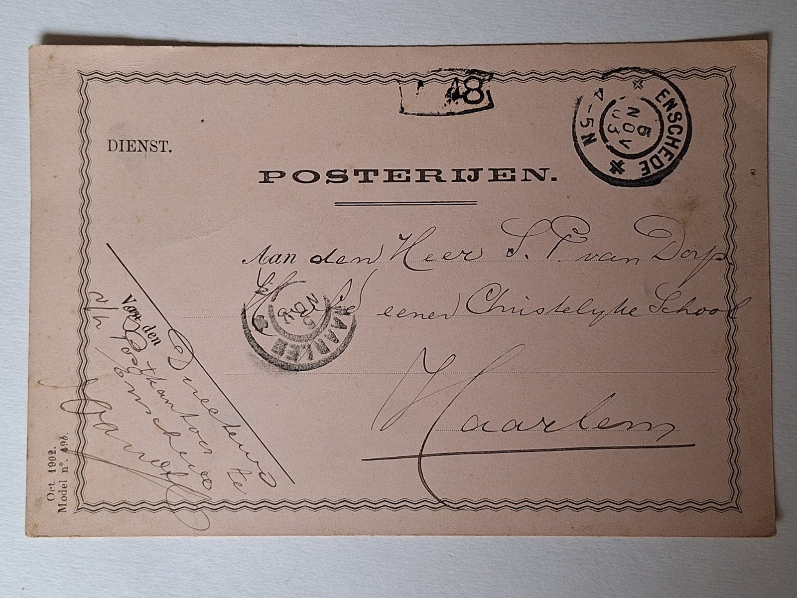 Oude briefkaart Enschede 1903 - Postkantoor, Ophalen of Verzenden, Voor 1920, Gelopen, Overijssel