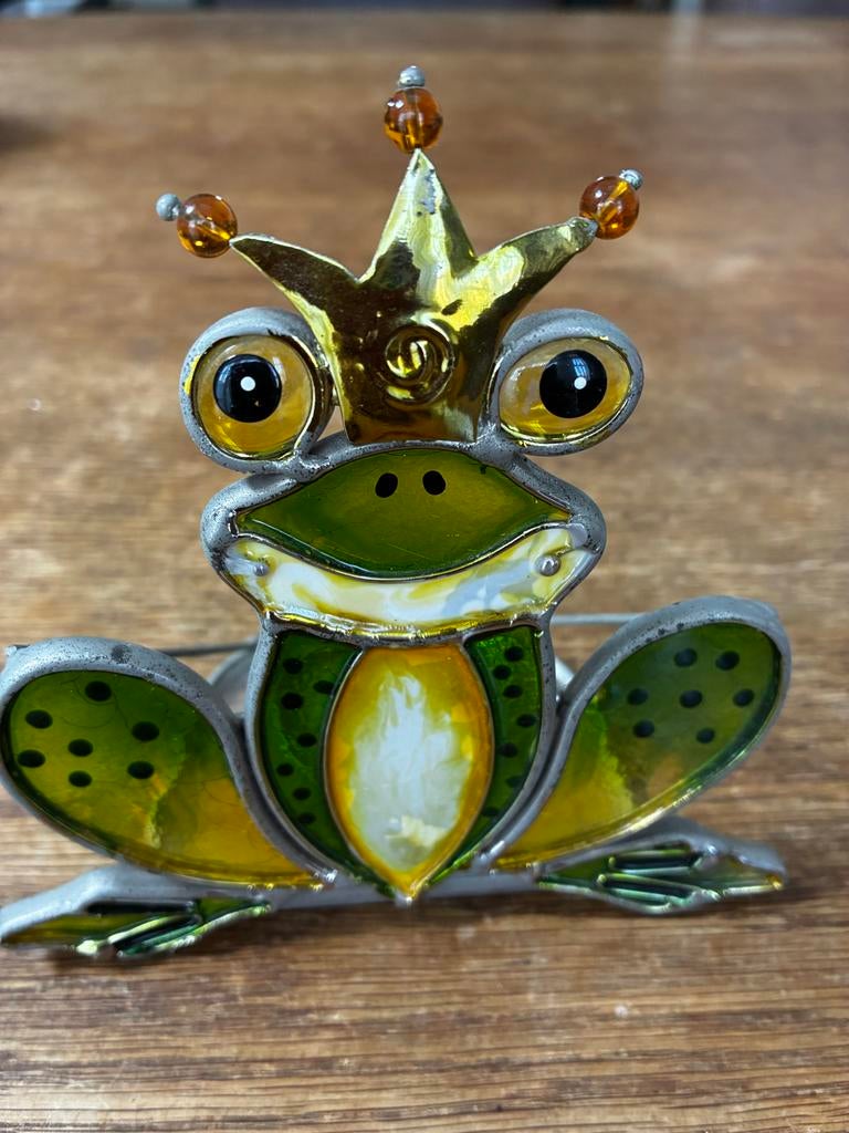 Leuke kikker waxinelichthouder met kroon, Gebruikt, Ophalen of Verzenden, Metaal, Groen