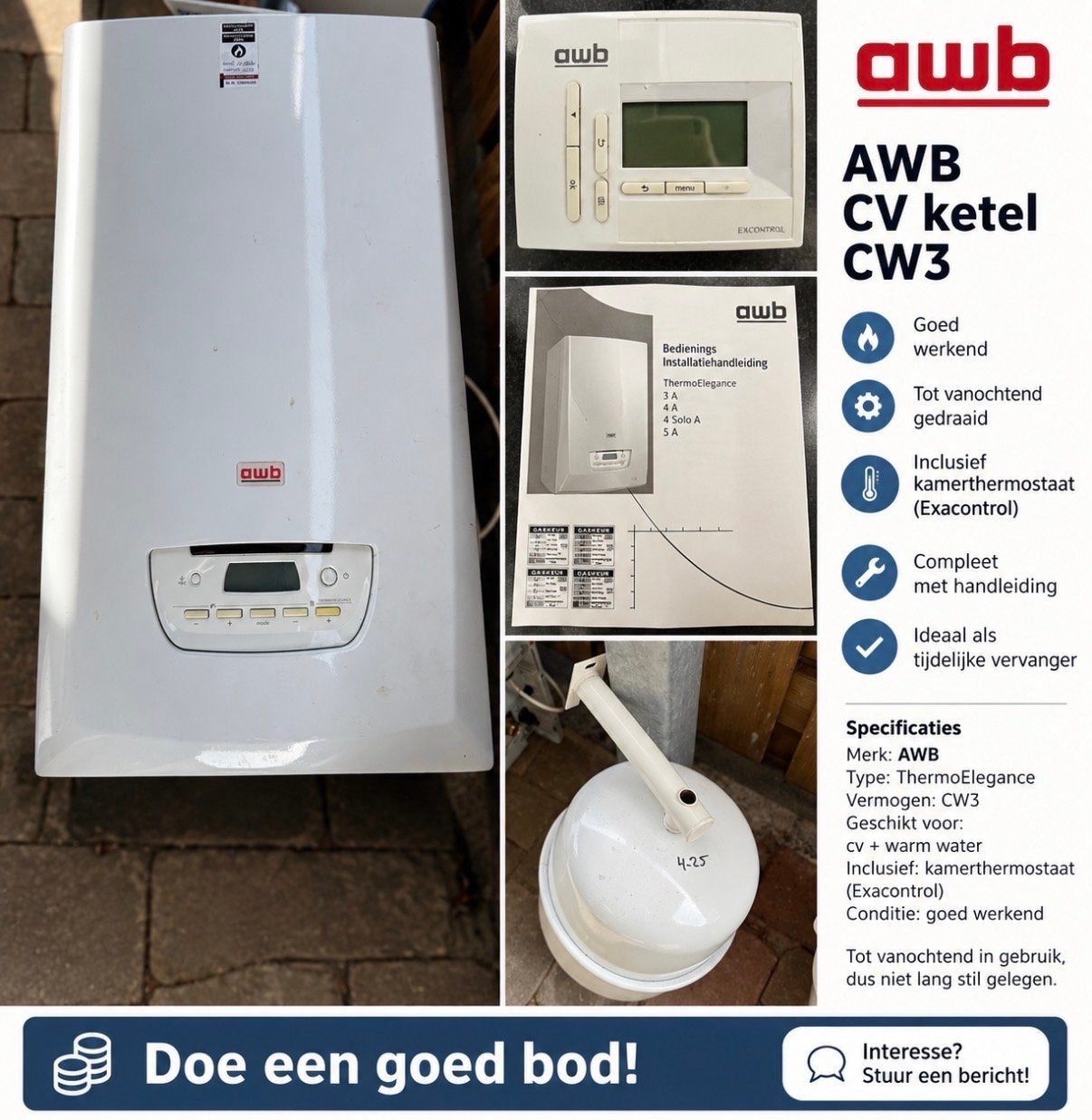 AWB CV ketel CW3 ThermoElegance met thermostaat, Ophalen, Gebruikt, Cv-ketel of Combi-ketel