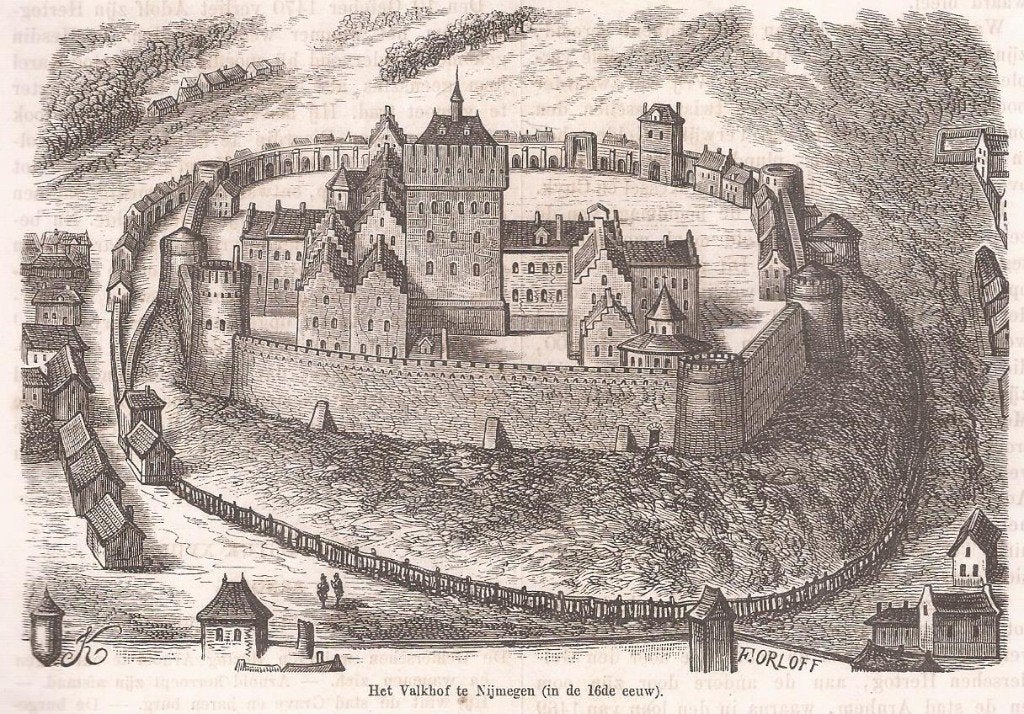 Nijmegen. Het Valkhof te Nijmegen (in de 16e eeuw) houtgr., 10 cm, Gesigneerd, 1800 - 1899, Stadsgezicht