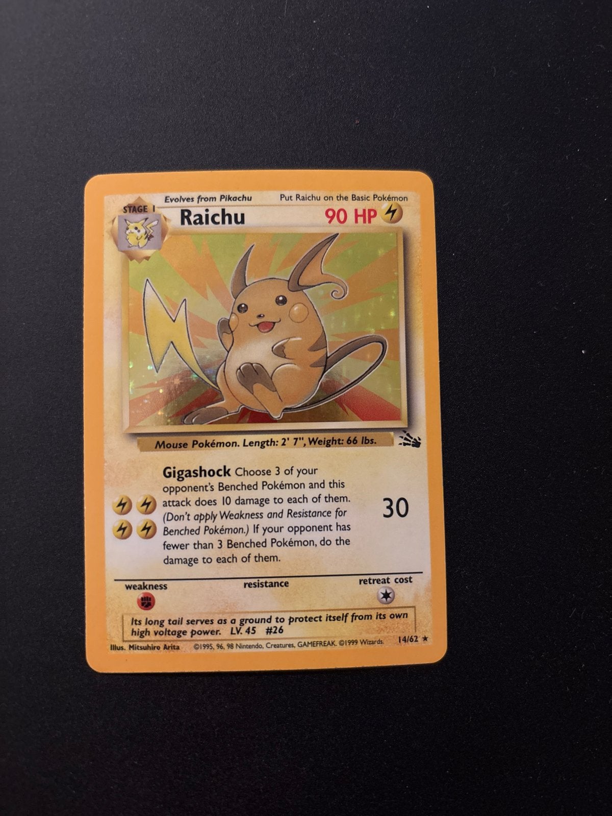 Raichu Holo 14/62 1999 Wizards Collection Pokémon Kaart, Ophalen of Verzenden, Gebruikt, Losse kaart, Foil