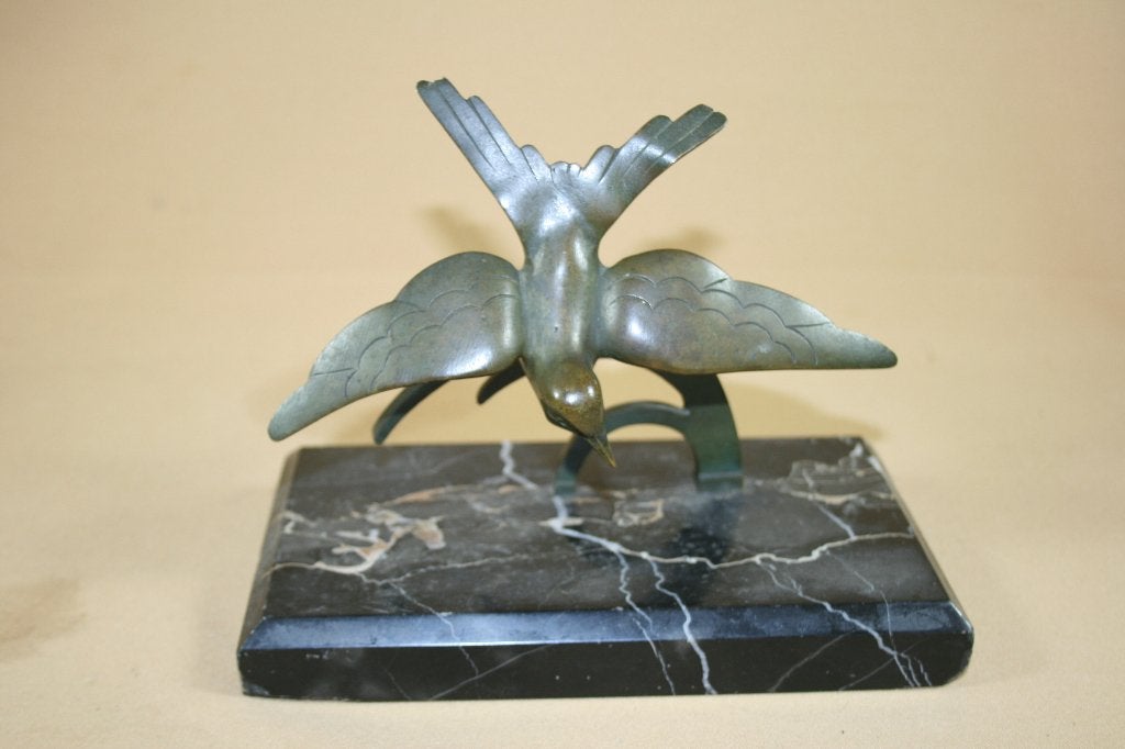 Art Deco bronzen vogel op marmeren voet, Minder dan 20 cm, Ophalen of Verzenden, Brons, Op sokkel
