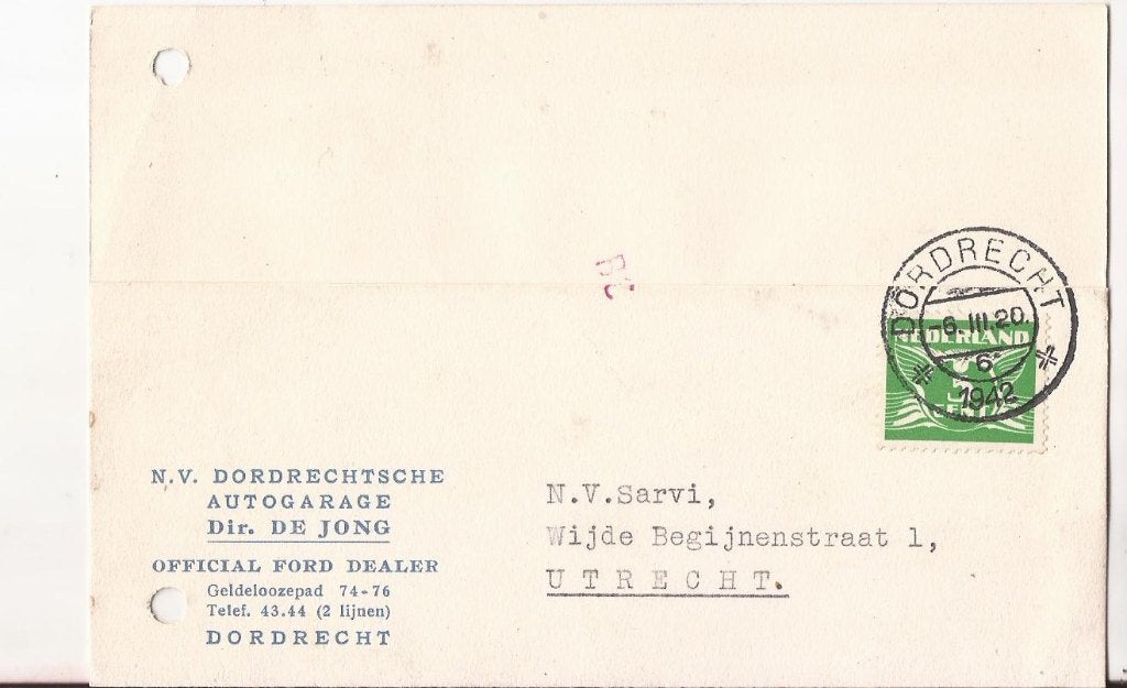 DORDRECHT 1942 nv DORDRECHTSCHE Autogarage Dir De JONG, Ophalen of Verzenden, 1940 tot 1960, Gelopen, Zuid-Holland