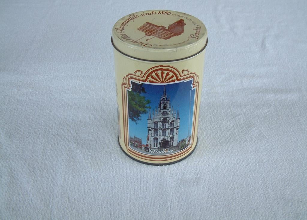 oud blik Gouda stroopwafels van Vliet stadhuis Waag, Verzamelen, Blikken, Ophalen of Verzenden, Gebruikt, Overige