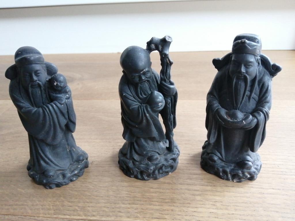 Fu Lu Shou: Drie Chinese Geluksgoden Beelden, Minder dan 20 cm, Ophalen of Verzenden, Handgemaakt, Zwart