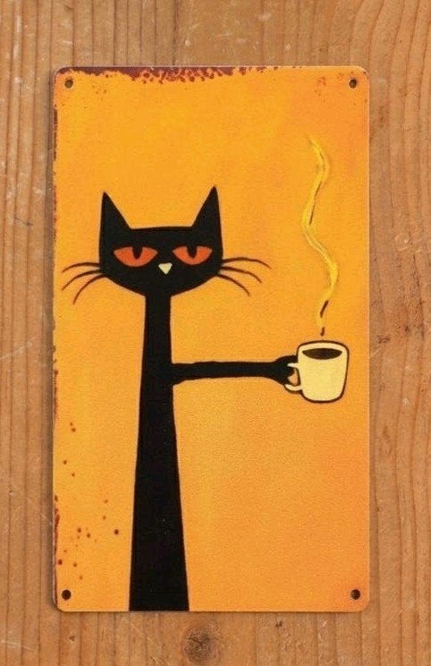 Houten wandbordje: Zwarte kat met koffie - Vintage stijl, Metaal, Nieuw, Ophalen of Verzenden, Reclamebord