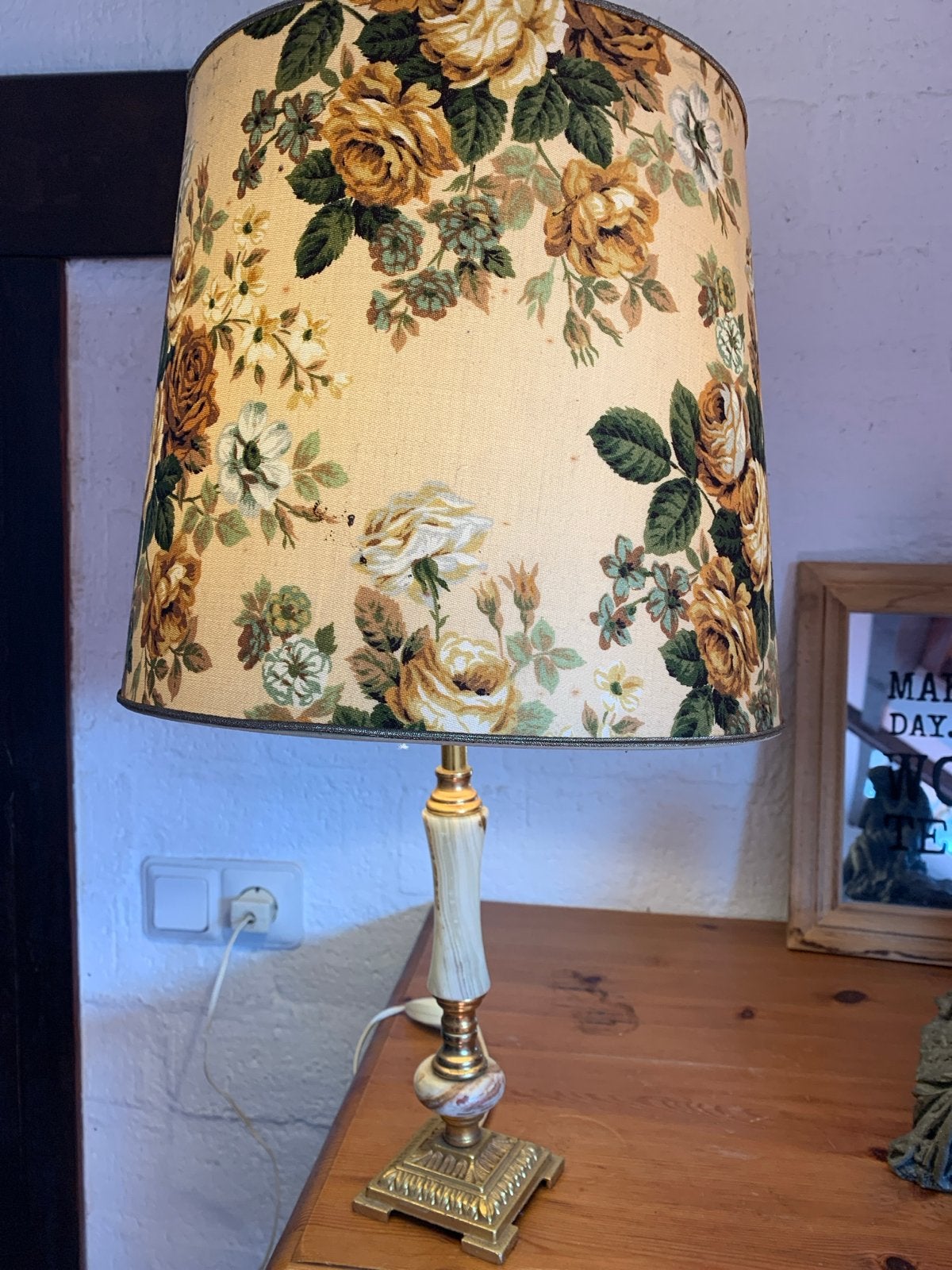 Vintage Tafellamp met Bloemenkap - Marmeren Voet, Ophalen of Verzenden