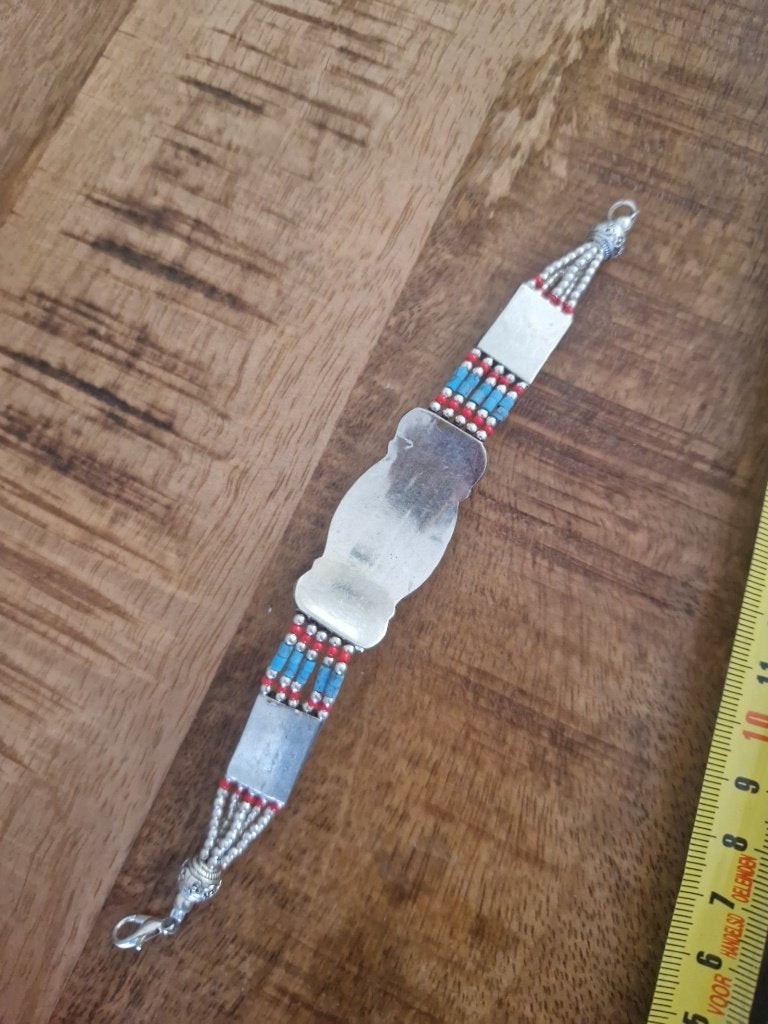 Tibetaanse armband met turquoise en barnstenen., Sieraden, Tassen en Uiterlijk, Ophalen of Verzenden, Zilver, Armband, Met edelsteen