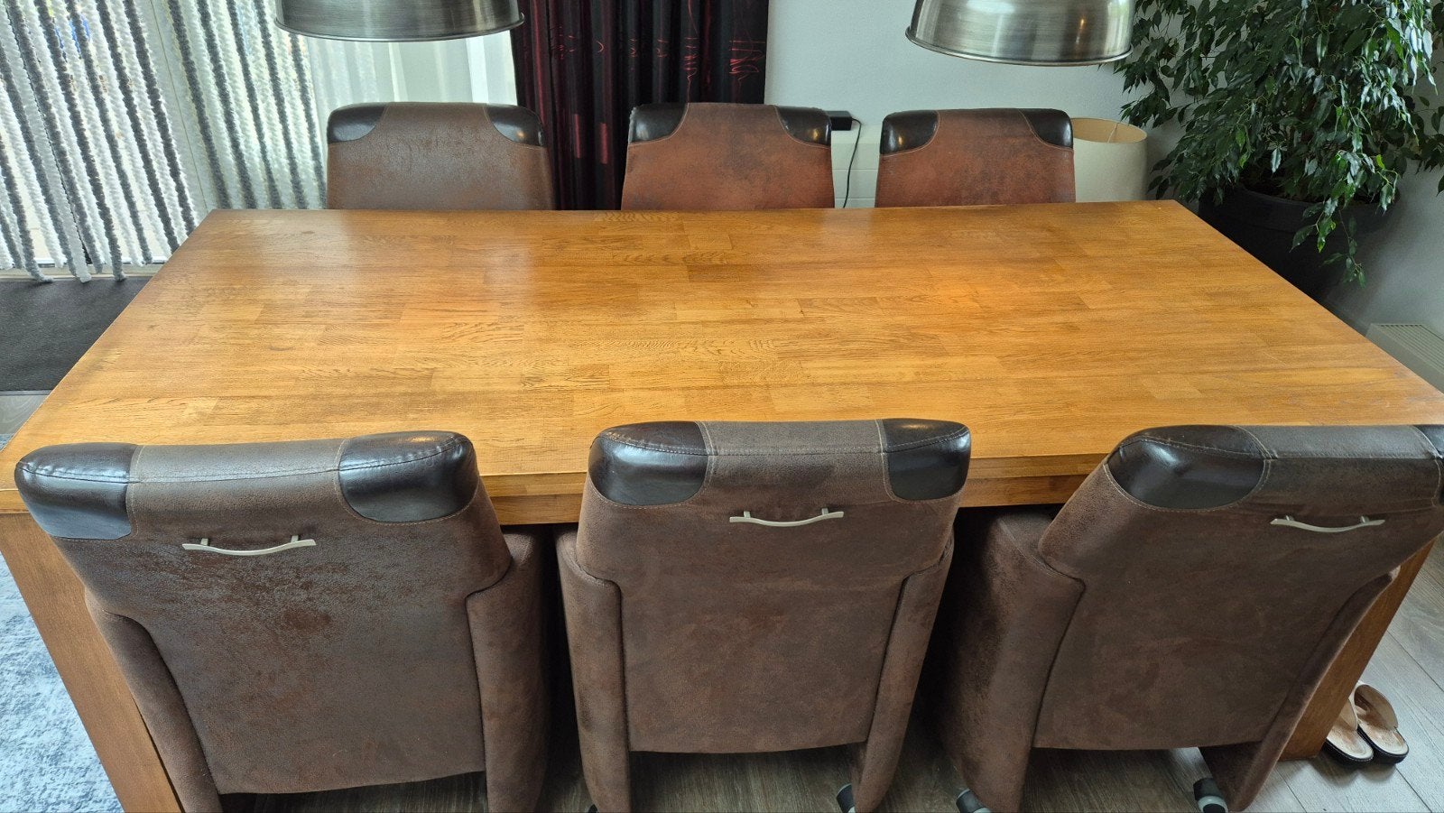Eiken eethoektafel met 6 stoelen., Huis en Inrichting, Ophalen, Gebruikt, Eikenhout, 200 cm of meer