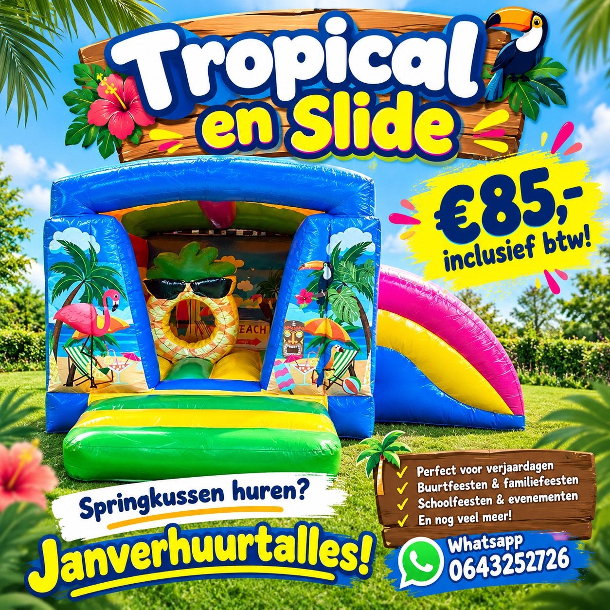 Springkussen Tropical & Slide huren – €85,- inclusief btw!, Hobby en Vrije tijd, Ophalen, Zo goed als nieuw, Overige