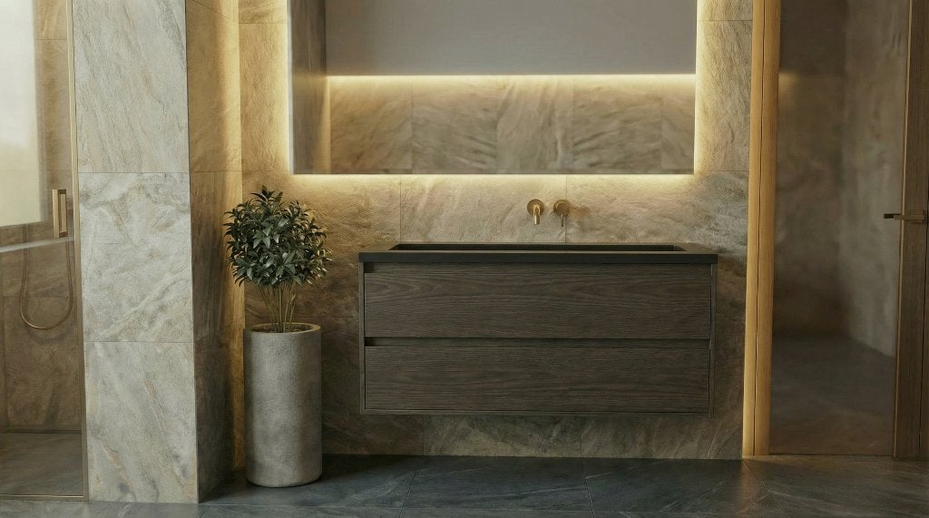 Luxe eiken badmeubelset 120 cm met écht granieten wastafel, Huis en Inrichting, Badkamer | Badkamermeubels, Nieuw, Wastafelkast