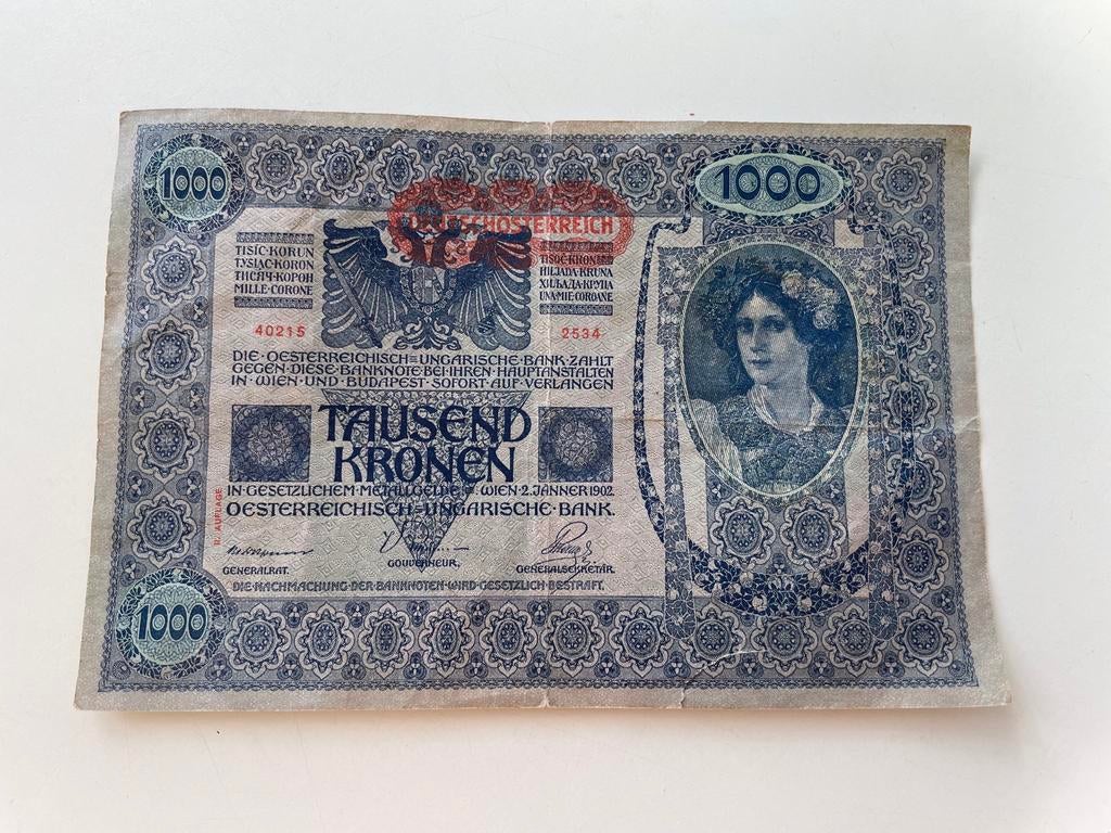 Naoorlogse 1000 kronen biljet Oostenrijk ( in Hilversum ), Postzegels en Munten, Ophalen of Verzenden, Oostenrijk