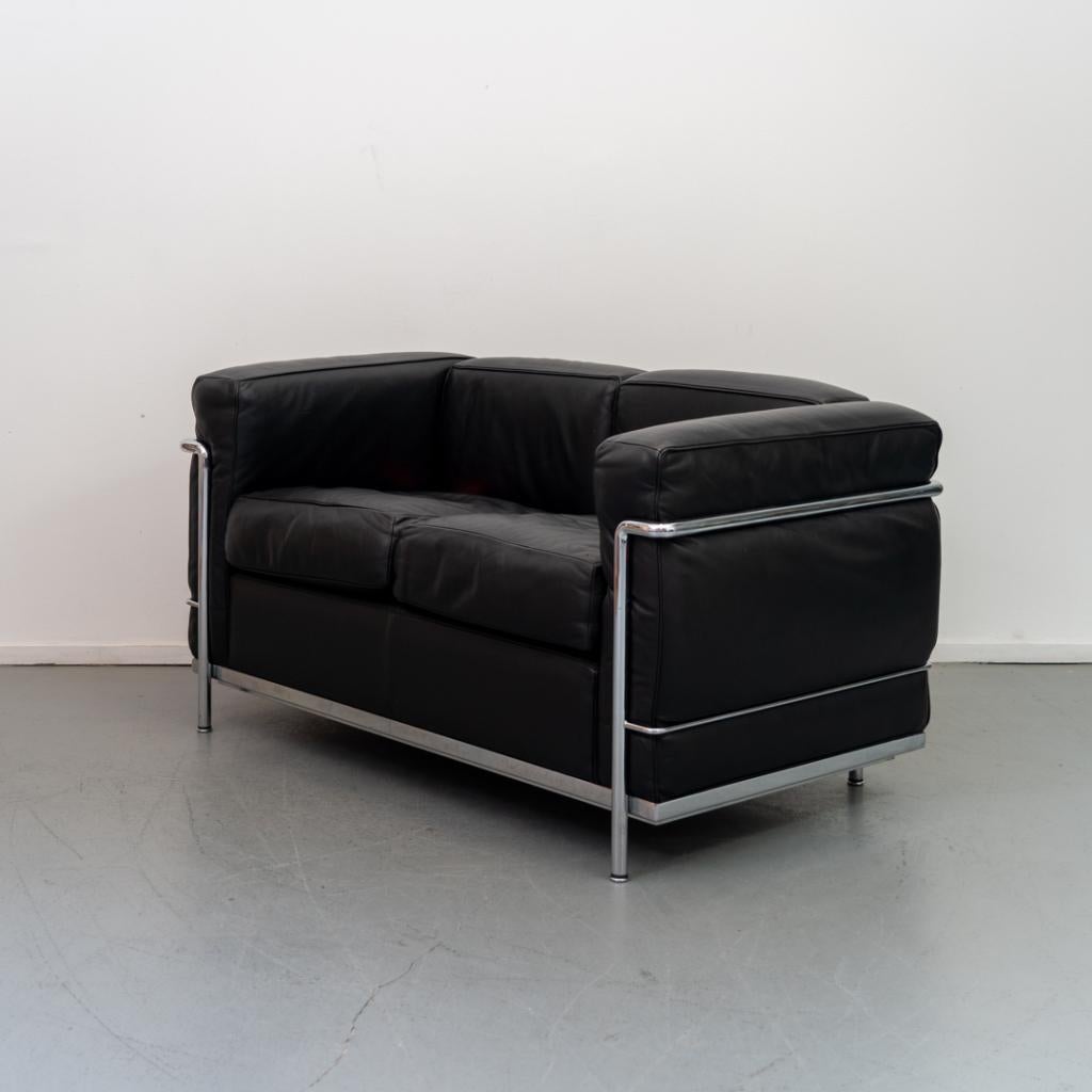 4x Cassina LC2 2-zitsbank Le Corbusier Zwart Leer, Niet ingevuld, Niet ingevuld, 75 tot 100 cm, Ophalen of Verzenden