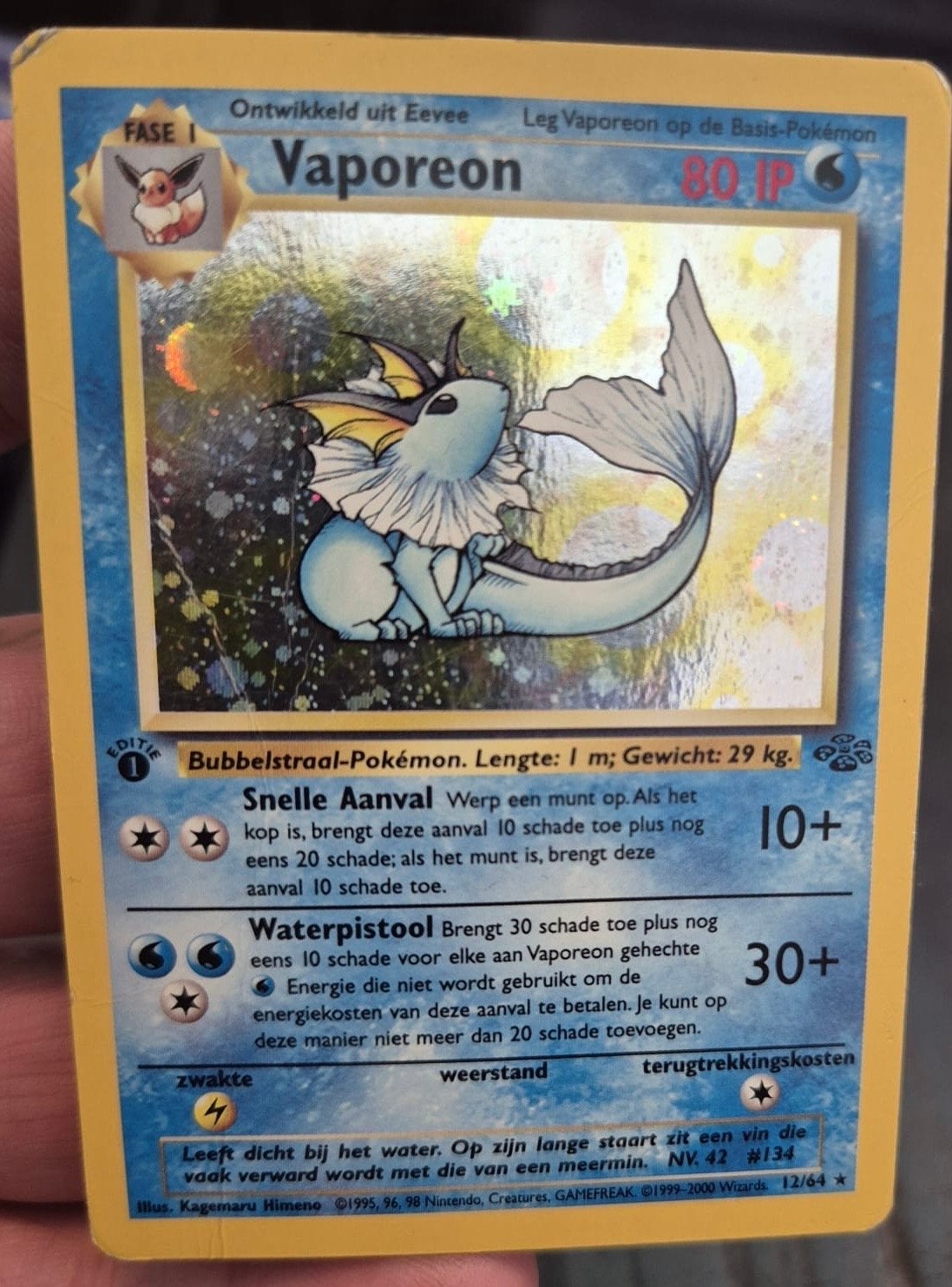 Vaporeon Holo 1st Edition Pokémon Kaart (Nederlands), Ophalen of Verzenden, Gebruikt, Losse kaart, Foil