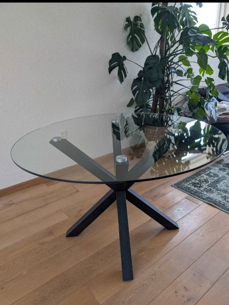 Glazen eettafel, Huis en Inrichting, Tafels | Eettafels, Ophalen, Gebruikt, 100 tot 150 cm, Rond