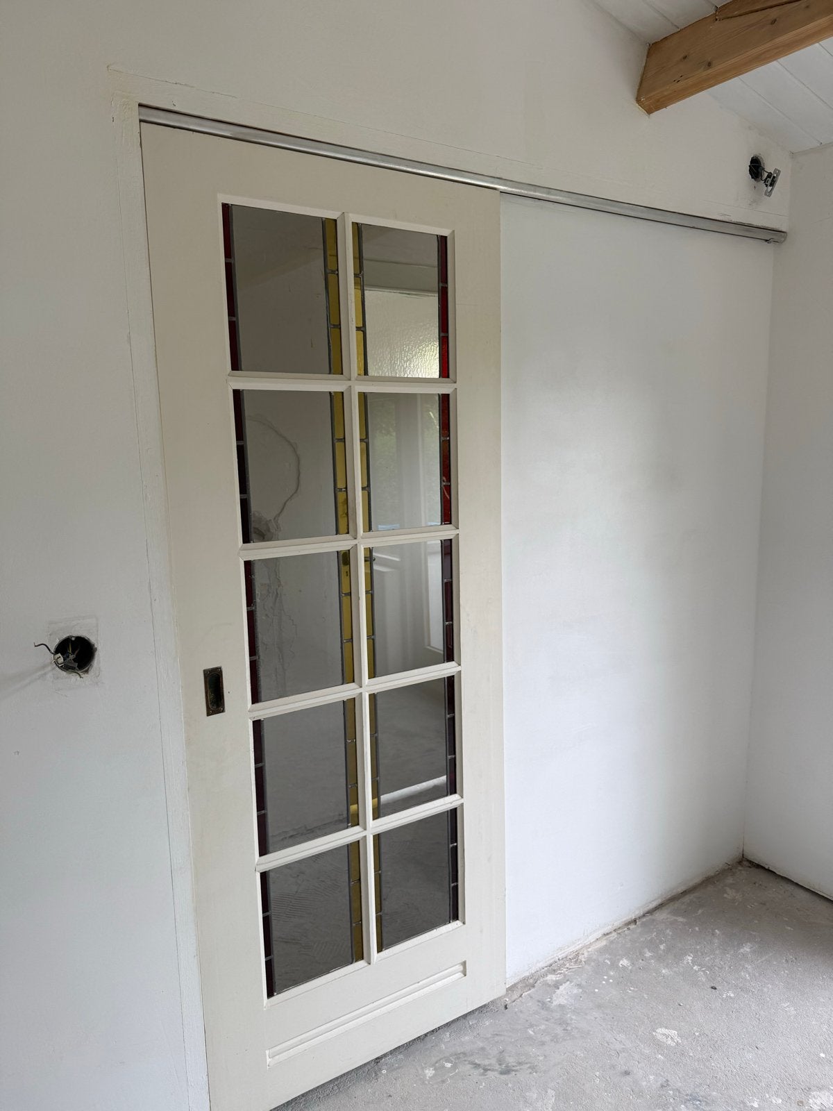Prachtige glas-in-lood schuifdeur met rails, Ophalen, Gebruikt, Minder dan 80 cm, Binnendeur