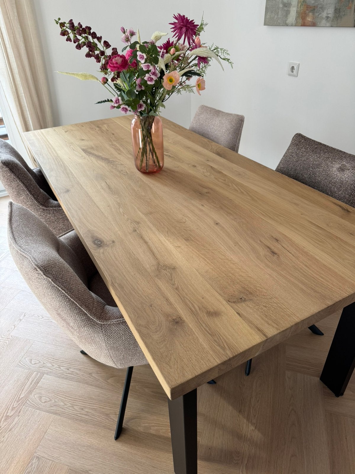 Eiken eettafel met stalen N poot, Ophalen, Eikenhout, 200 cm of meer, 50 tot 100 cm