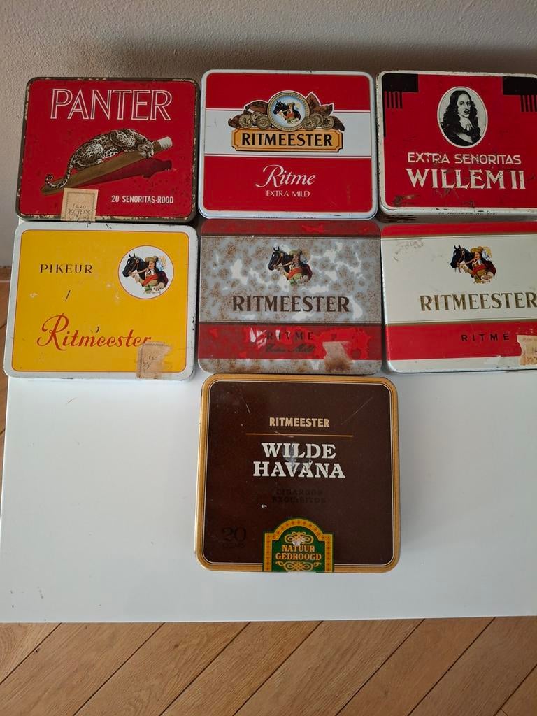 7 Vintage Sigarenblikken - Ritmeester, Panter, Willem II, Verzamelen, Ophalen of Verzenden, Gebruikt, Overige, Overige merken