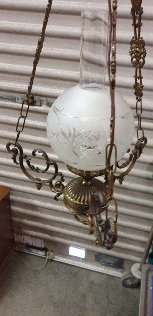 hanglamp messing glas elektrisch bewerkt, Huis en Inrichting, Lampen | Hanglampen, Ophalen of Verzenden, 'T Olde Gre-j, Info@toldegrej.nl