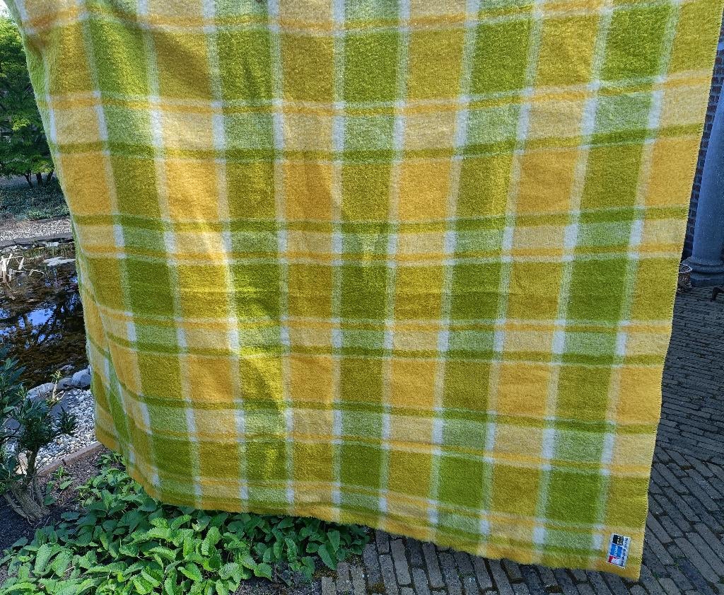 Vintage DIDAS wollen deken geel groen geruit 170x215 (KD2), Ophalen of Verzenden, Gebruikt, Tweepersoons, Deken of Dekbed