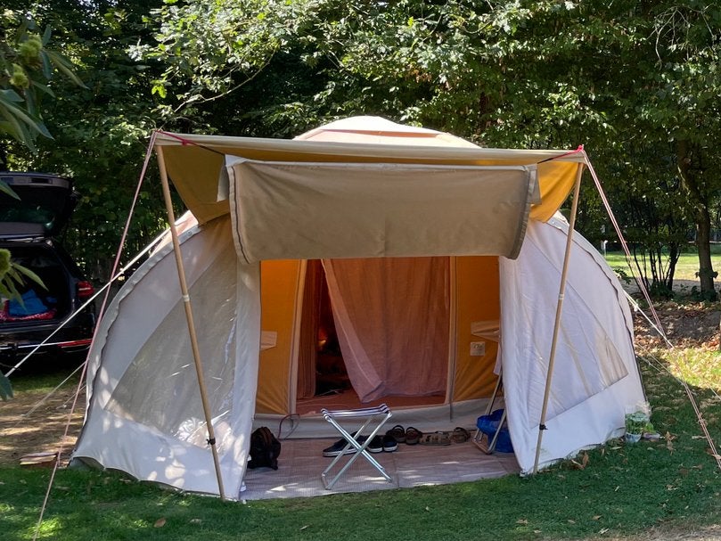 Karsten oppomp tent 4x4 meter met regenluifel en compressor, Caravans en Kamperen, Ophalen, Gebruikt, Tot en met 6