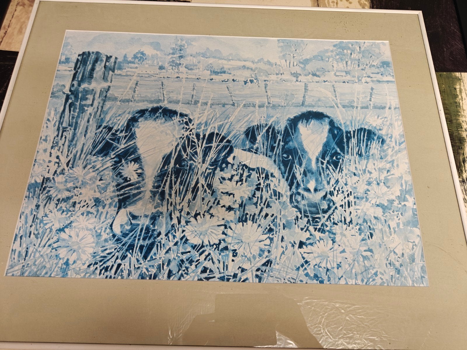 Schilderij met twee koeien in een bloemenveld, Antiek en Kunst, Kunst | Schilderijen | Klassiek, Realistisch, Dieren, Ophalen of Verzenden
