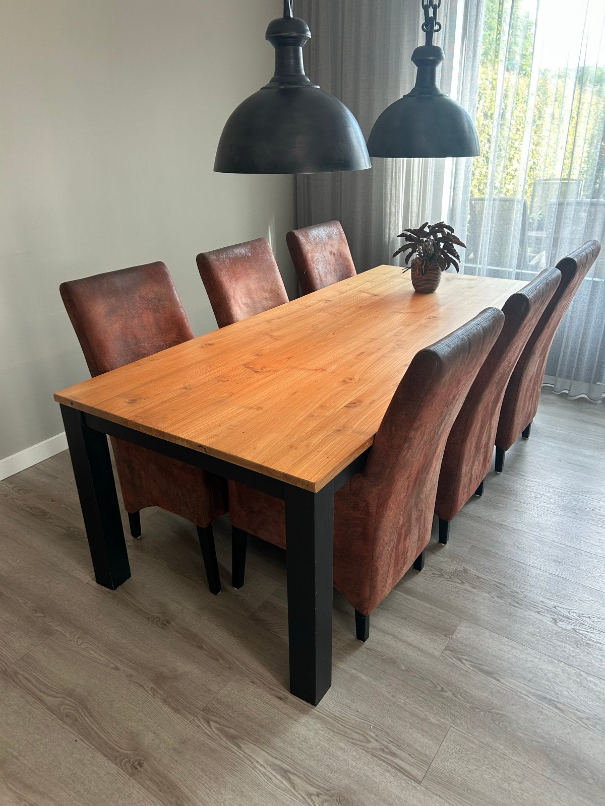 Teak houten eettafel met 6 stoelen, Huis en Inrichting, Ophalen, Gebruikt, Teakhout, 200 cm of meer