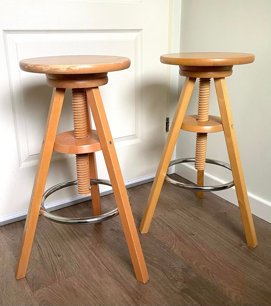 2 X Pottenbakkers-Kruk Bar-Kruk Plantentafel Hout Chroom 80s, Ophalen, 60 tot 90 cm, Zo goed als nieuw, Hout