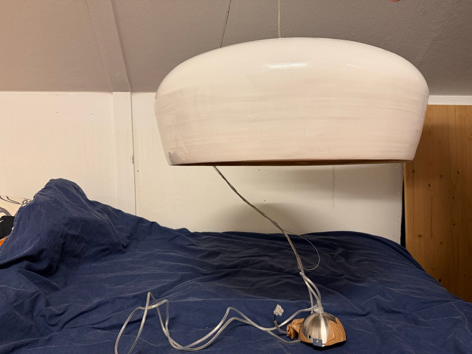 Grote bamboe hanglamp, wit met natuurlijke binnenkant, Ophalen of Verzenden, Gebruikt, Hout, Minder dan 50 cm