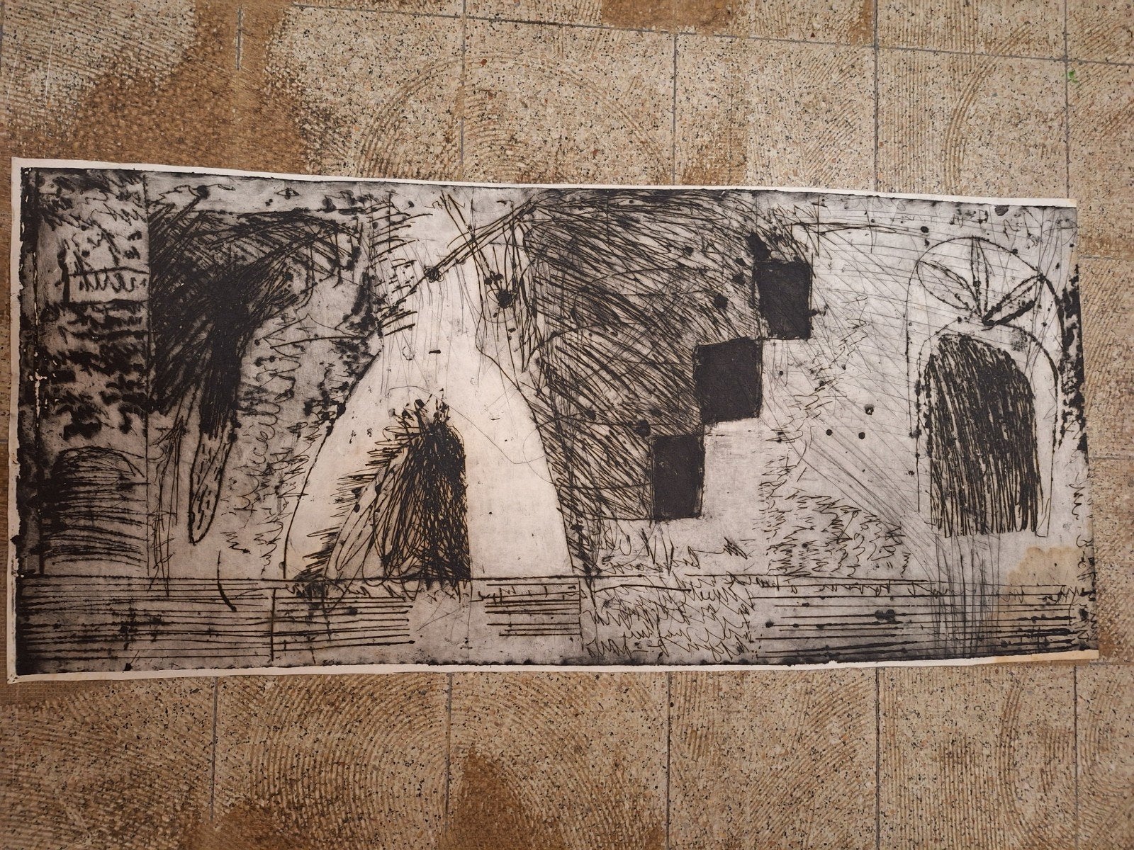 Grote abstracte ets, moderne kunst, Antiek en Kunst, Kunst | Etsen en Gravures, Ets, Origineel, 1950 - 1999, Ophalen of Verzenden