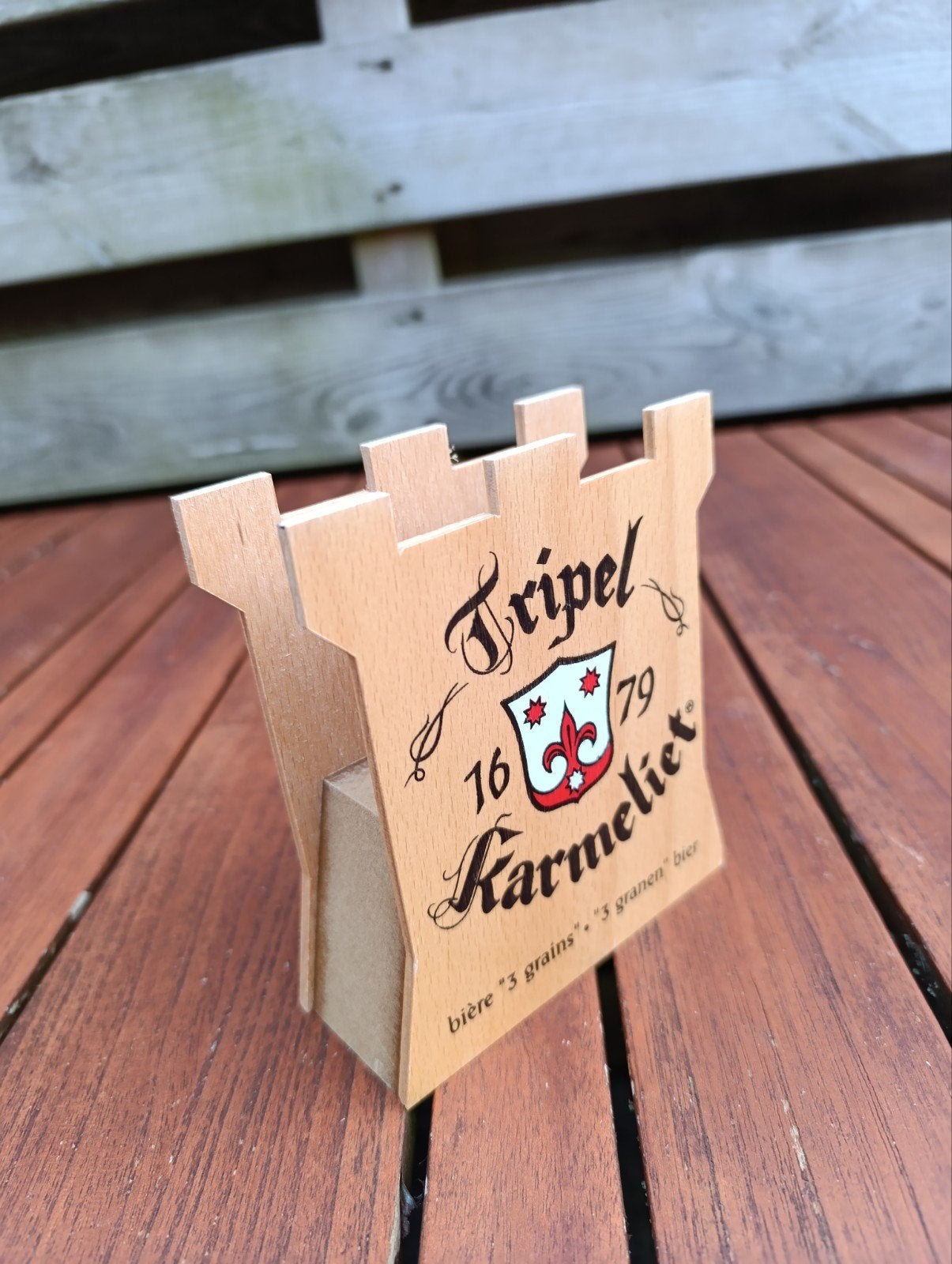 Tripel Karmeliet bierviltjeshouder van hout, Verzenden, Zo goed als nieuw, Bruin, Hout