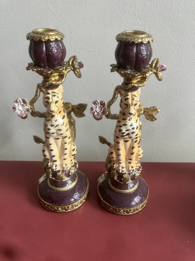 2 Baroque Luipaard kandelaars van hoogwaardig polyresin, Ophalen of Verzenden, Zo goed als nieuw, Overige materialen, Kandelaar