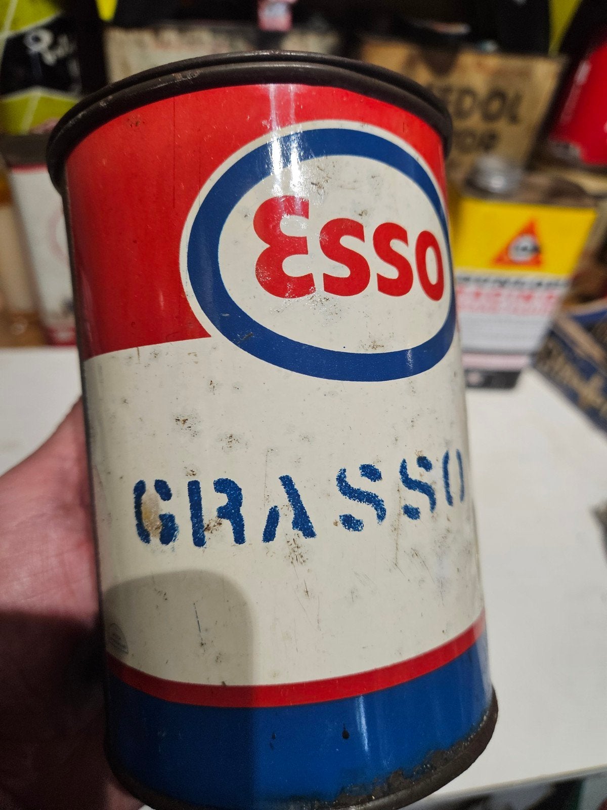 Vintage Esso Olieblik / Vetblik Grasso Esso, Ophalen of Verzenden, Gebruikt