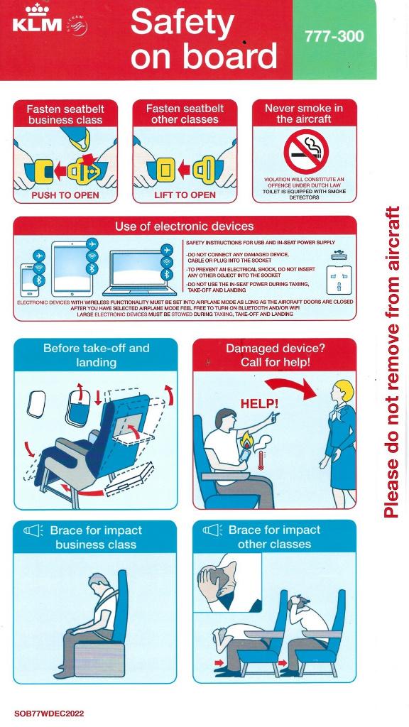 Safety Card - KLM 777-300, Verzamelen, Ophalen of Verzenden, Nieuw, Kaart, Foto of Prent