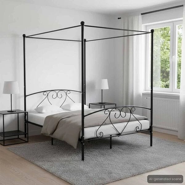 Hemelbed 140x200 - Ziet er nog prima uit, Huis en Inrichting, Slaapkamer | Bedden, Ophalen, Zwart, Tweepersoons, 140 cm