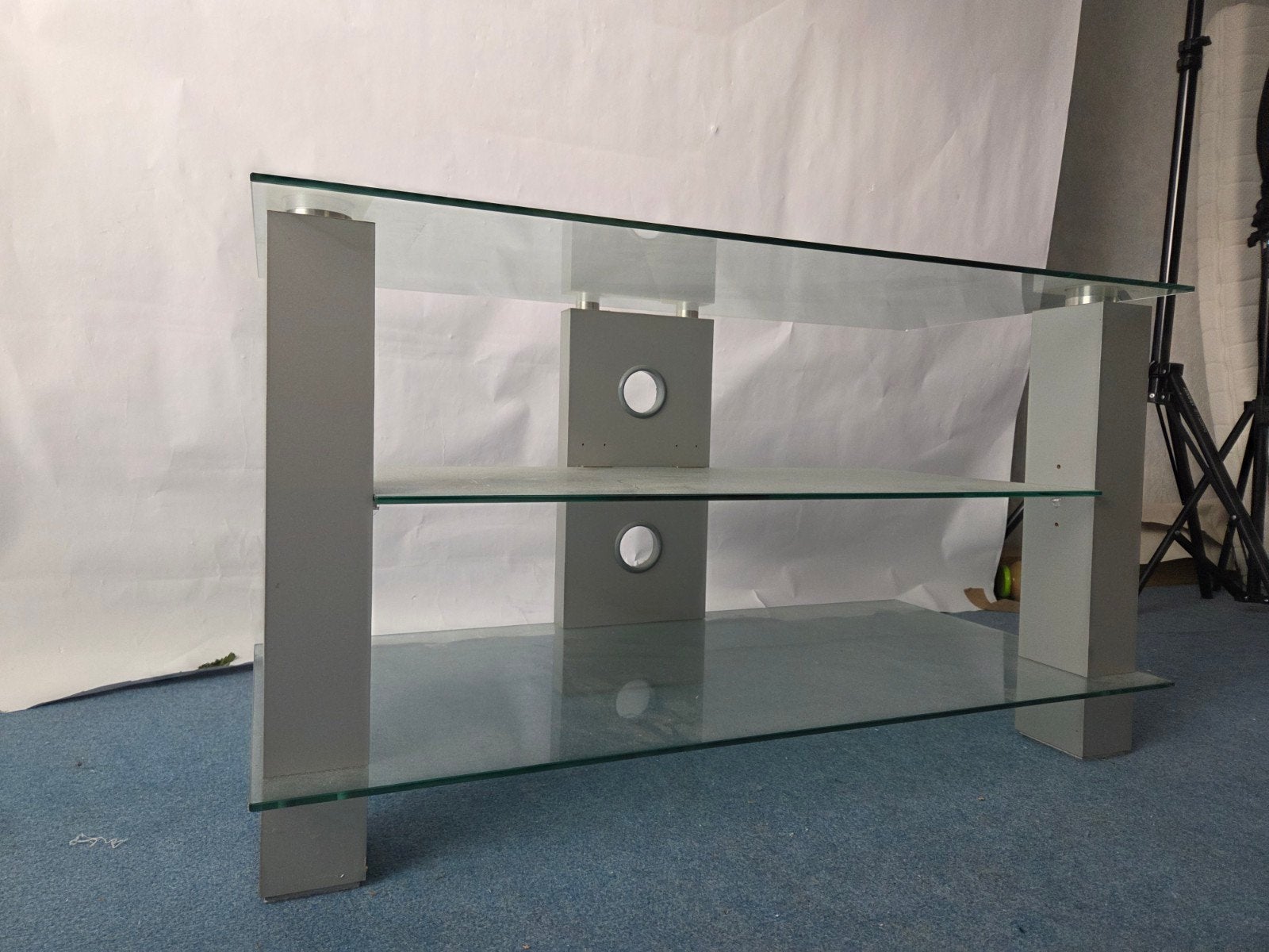 Glazen TV-meubel met 3 planken, Ophalen, Gebruikt, 100 tot 150 cm, Glas
